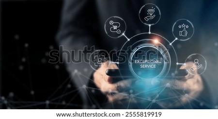 Exceptional service concept. Using tablet, planning and managing the exceptional service. Providing a positive, helpful and timely experience for customers above and beyond customer's expectation. 