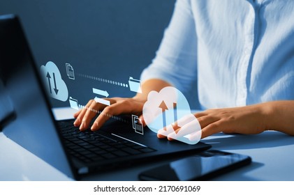 Exchange information and data with internet cloud technology.FTP(File Transfer Protocol) files receiver and computer backup copy. File sharing isometric. Digital system for transferring documents and  - Shutterstock ID 2170691069