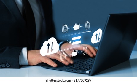 Exchange information and data with internet cloud technology.FTP(File Transfer Protocol) files receiver and computer backup copy. File sharing isometric. Digital system for transferring documents. - Shutterstock ID 2177509299