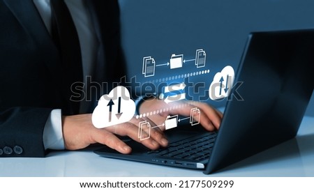Exchange information and data with internet cloud technology.FTP(File Transfer Protocol) files receiver and computer backup copy. File sharing isometric. Digital system for transferring documents.