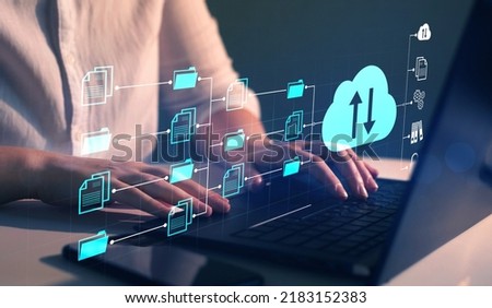 Exchange information and data with internet cloud technology.FTP(File Transfer Protocol) files receiver and computer backup copy. File sharing isometric. Digital system for transferring documents