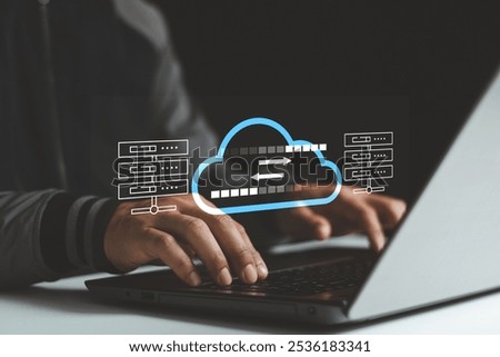 Exchange information and data with internet cloud technology. Digital system for transferring documents. FTP ( File Transfer Protocol ) files receiver and computer backup copy. File sharing isometric.