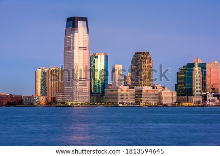 Exchange Place, New Jersey, USA skyline from across the Hudson River.