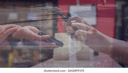 Exchanging smartphones, two women colleagues sharing digital data in tech office, binary overlay. Technology, collaboration, digital, innovation, corporate, network, communication