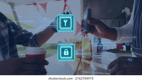 Exchanging tap payment, two men in plaid-shirt and apron at stall, red cup, terminal phone, locks. Cardreader, takeaway, marketstall, vendor, outdoor, greenery, vibrant