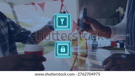 Exchanging tap payment, two men in plaid-shirt and apron at stall, red cup, terminal phone, locks. Cardreader, takeaway, marketstall, vendor, outdoor, greenery, vibrant