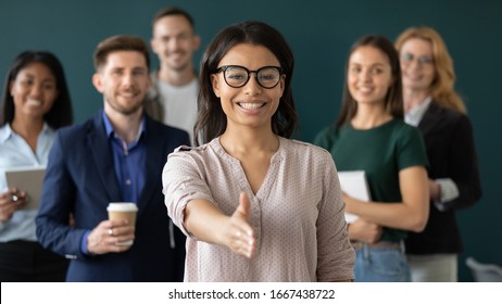 Excited African American Businesswoman Employer Stretch Get Acquainted With Job Applicant Or Candidate, Overjoyed Diverse Business Team Meet Newcomer, Internship, Recruitment Concept