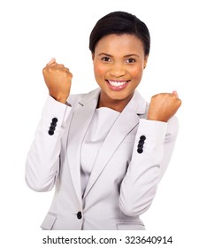 Excited African American Businesswoman Waving Fists Isolated On White Background