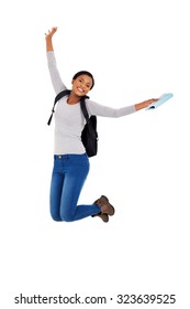Excited African American College Student Jumping