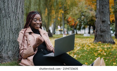 Excited African American Woman Sitting In Autumn Park Playing Online Game On Laptop Gambling Competition Happy Young Girl Winner Celebrating Victory Enjoying Success Winning Lottery Using Computer