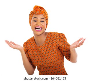 Excited African Woman In Traditional Clothes Isolated On White