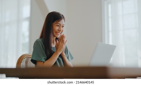 Excited Asian Female Feeling Euphoric Celebrating Online Win Success Achievement Result, Young Woman Happy About Good Email News, Motivated By Great Offer Or New Opportunity, Passed Exam, Got A Job