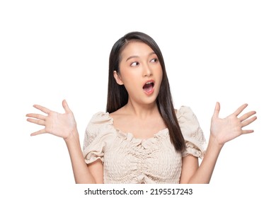 Excited Asian Young Woman Smiling And Happiness. Cheerful Female With Casual Looking At Camera And Surprise Isolated On White Background. Expression Shock Price Or Mock Up For Display Discount Product