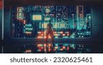 Excited Beautiful Young Female with Blue Hair Looking Out of the Window with Futuristic Urban City with Neon Lights at Night. Cyberpunk Style Reality with Advanced Autonomous Flying Transportation