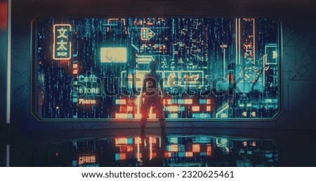 Excited Beautiful Young Female with Blue Hair Looking Out of the Window with Futuristic Urban City with Neon Lights at Night. Cyberpunk Style Reality with Advanced Autonomous Flying Transportation