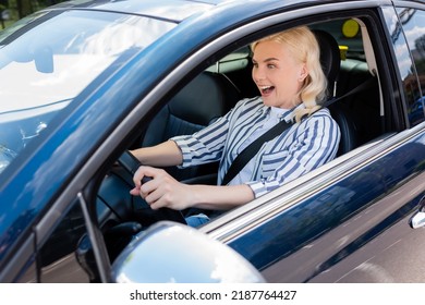 Excited Beginner Driving Car During Driving Course