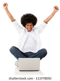 Excited Black Man With A Laptop - Isolated Over A White Background