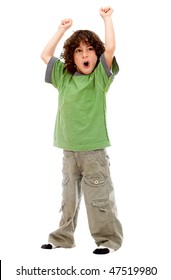 Excited Boy With Arms Up Isolated Over A White Background