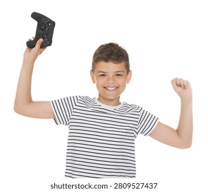 Excited boy with controller playing video game on white background
