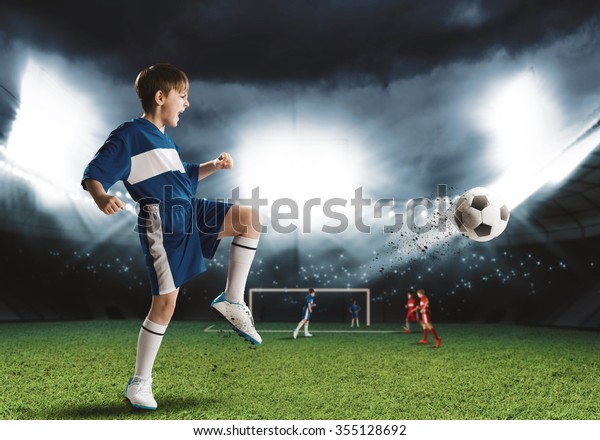 Excited Boy Football Player Stadium Kicking Stock Photo (Edit Now ...