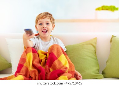 Excited Boy, Kid Watching Tv At Home