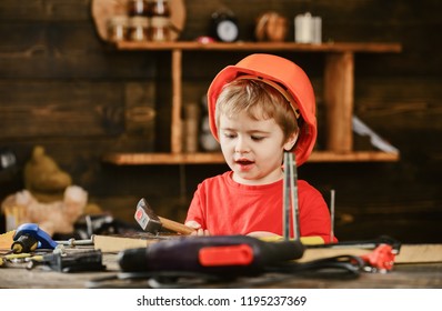 Excited Boy Playing Hammer Kid Helping Stock Photo 1195237369 ...