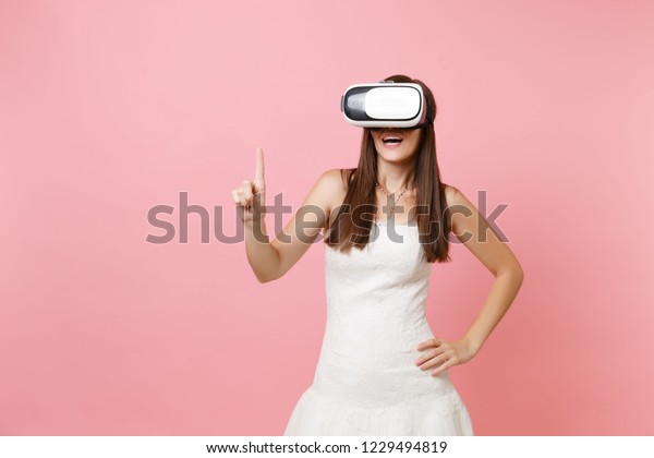 Excited Bride Woman Wedding Dress Headset Stock Photo Edit Now