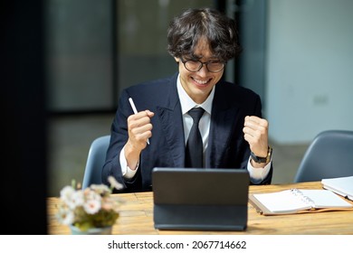 Excited businessman receiving a new job offer email, getting work promotion, getting reward, achievement business goal.