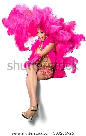Excited Caucasian young woman in costume with hands on thighs - Isolated