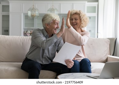 Excited Cheerful Mature Older Couple Giving High Vive, Clapping Hands Over Paper Documents, Getting Good News, Income, Celebrating Success, Achieve, Laughing On Sofa At Home. Retirement