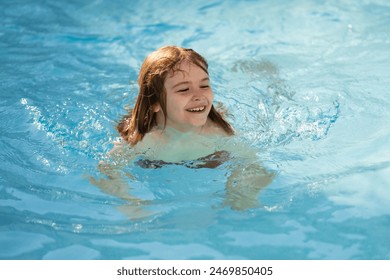 Excited child swimming. Little kid playing in blue water of swimming pool on a tropical resort at the sea. Cute boy swimming in pool water. Child splashing and having fun in swim pool. - Powered by Shutterstock