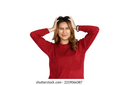 Excited Confident Asian Happy Woman In Winter Sweater Red Color Isolated On White Background. Not Satisfied