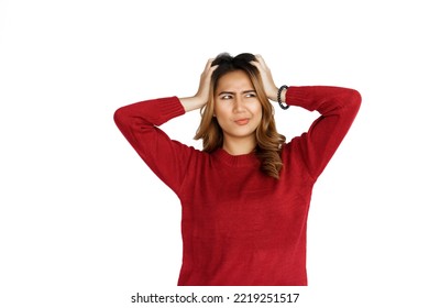 Excited Confident Asian Happy Woman In Winter Sweater Red Color Isolated On White Background. Not Satisfied