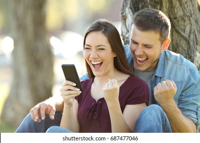 Excited couple reading good news in a smart phone sitting in a park