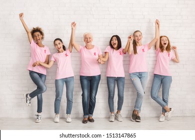 Excited Diverse Ladies In Breast Cancer T-Shirts With Pink Ribbons Holding Hands Celebrating Success Over White Wall Indoor. - Shutterstock ID 1513147865