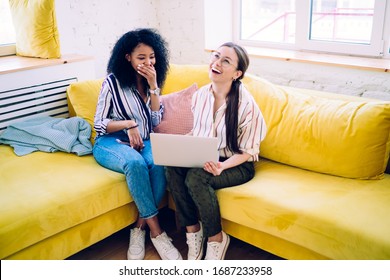 Excited diverse teen friends in casual outfits watching funny video on laptop and laughing while sitting on comfortable sofa at home