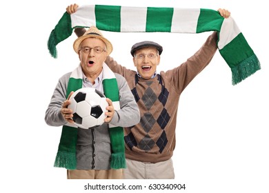 Excited Elderly Football Fans Cheering Isolated On White Background