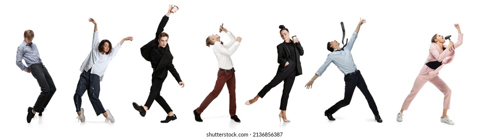 Excited, Emotional Office Workers Dancing In Business Style Outfits, Clothes On White Background. Business, Start-up, Working Open-space, Motion And Action Concept. Creative Collage.