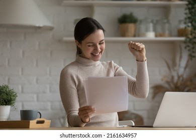 Excited Euphoric Student Girl Receiving Admission Letter From School, University, College, Reading Paper Document, Smiling, Laughing, Feeling Joy. Millennial Business Woman Getting Income, Good Deal