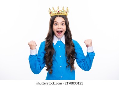 Excited Face. Girls Birthday Party, Funny Kid In Crown. Imagine Herself A Queen, Child Wear Diadem. Successful Teenager Wear Luxury Beauty Queen Crown, Success. Amazed Expression, Cheerful And Glad.