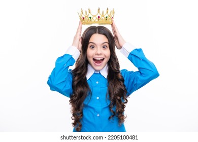 Excited Face. Portrait Of Ambitious Teenage Girl With Crown, Feeling Princess, Confidence. Child Princess Crown On Isolated Studio Background. Amazed Expression, Cheerful And Glad.