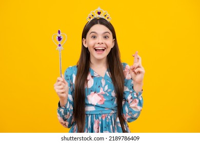 Excited Face. Portrait Of Happy Girl Princess In Tiara Holding Magic Wand. Teenager Queen With Golden Crown. Amazed Expression, Cheerful And Glad.