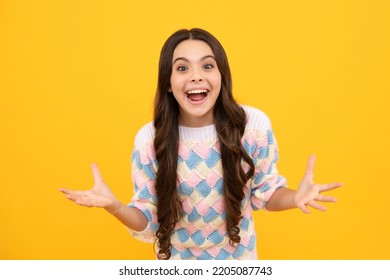 Excited Face. Portrait Of Joyful Teen Girl With Raised Hands. Caucasian Teenager Screaming Isolated On Yellow. Happy Child Exclaiming With Joy And Excitement. Amazed Expression, Cheerful And Glad.
