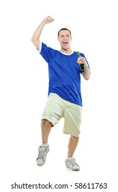 Excited Football Fan With A Beer In His Hand Watching Sport Isolated On White Background