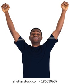 Excited Football Fan In Black Cheering On White Background