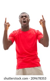 Excited Football Fan In Red Cheering On White Background