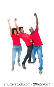 Excited Football Fans In Red Cheering On White Background