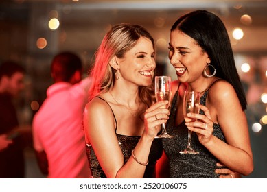 Excited, friends and toast with champagne at nightclub for birthday celebration, social reunion or luxury party. Smile, women and alcohol cheers for new years, festival congratulations and happy hour - Powered by Shutterstock