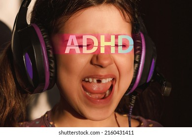 Excited Girl With ADHD Screaming Loudly. A Lonely Schoolgirl Has Mental Health Problems And Difficulties With Social Recognition. The Concept Of Social Rejection And Pessimism.