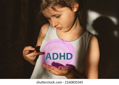 Excited Girl With ADHD Screaming Loudly. A Lonely Schoolgirl Has Mental Health Problems And Difficulties With Social Recognition. The Concept Of Social Rejection And Pessimism.